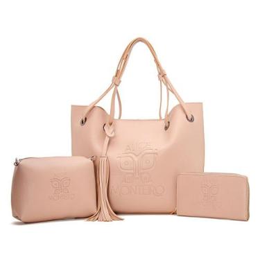 Imagem de Kit Fashion Nude 3 Peças Bolsa Bolsinha Necessárie Cateira Porta Cartã