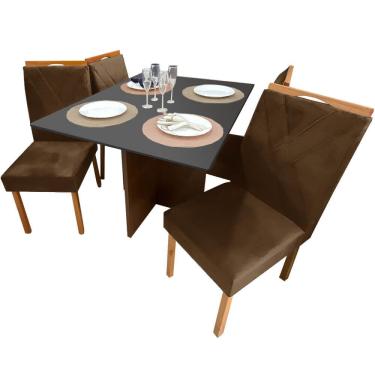 Imagem de Mesa de Jantar Helo 120x90cm em Veludo com 4 Cadeiras California Poliman Cor Grafite com Assento Marrom