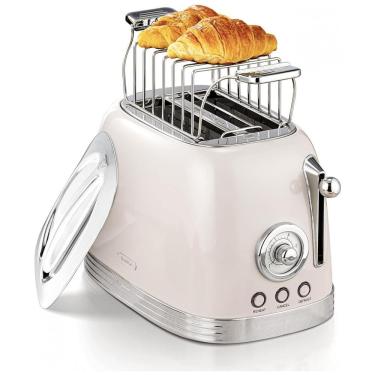 Imagem de Torradeira Elétrica Retrô 2 Fatias com Tampa de Aço Inoxidável, Acessório para Pão e Display de Contagem Regressiva, 815W, Wiltal TS06, Bege
