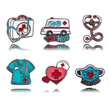 Imagem de QLUYCKW Conjunto de 6 pinos de lapela esmaltados medicinais para enfermeira médica, estetoscópio, ambulância, coração, cruz, broches, estudantes, roupas, bolsas, acessórios, joias, Medium, Liga de aço