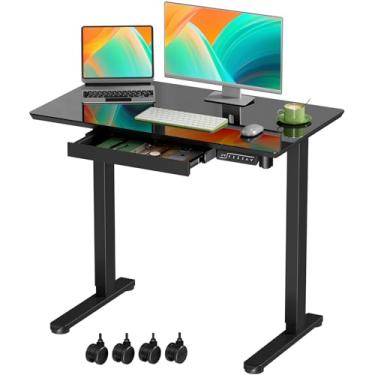 Imagem de Gibbon Mounts Mesa de suporte de vidro com gaveta, mesa elétrica com rodas, mesa de elevação ajustável de peça inteira de 88 × 50 cm, pequena estação de trabalho para computador, preta