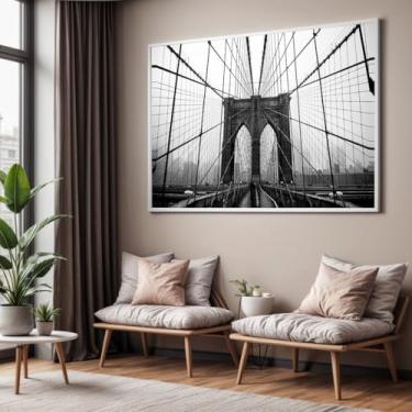 Imagem de Quadro com Moldura Sala Quarto 90x60 Ponte Brooklyn NY Preto Branco Decorativo Horizontal Grande Hall