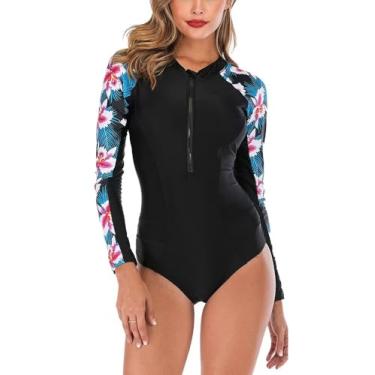 Imagem de SEYUTWET Maiô feminino de manga comprida atlético Rash Guard com zíper estampado floral para surfe, 6634 Preto, XGG