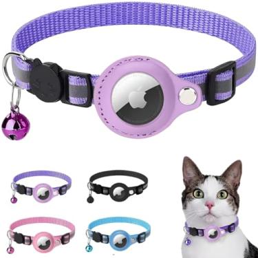 Imagem de Coleira Case Para Airtag Com Detalhes Reflexivos E Sininho, Coleira Com Capa de Couro Compativel a Rastreador Airtag Para Gatos E Cães (Roxo)