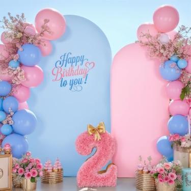 Imagem de Capa de fundo azul e rosa para arco de casamento, 7,2 m e 1,8 m, capa de suporte de arco de festa revelação de gênero para chá de bebê, foto de aniversário, elástico de elastano, conjunto de 2