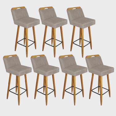 Imagem de Kit 07 Banqueta Alta c/ Encosto Lith Para Cozinha Bar Balcão Bistrô Pé Palito Castanho Corino Bege - Ahz Móveis
