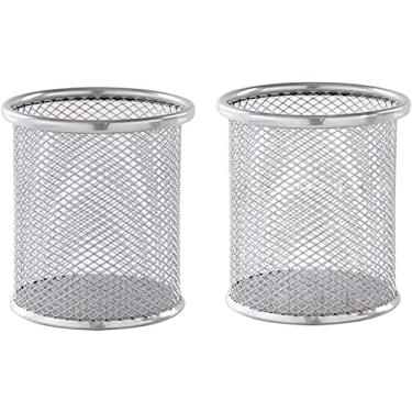 Imagem de Porta-lápis de mesa de metal de malha para lápis, suporte de pincel de maquiagem vazado, suporte multifuncional durável para armazenamento de canetas para escritório, sala de aula, casa (redondo