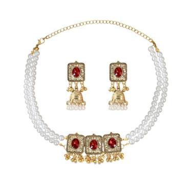 Imagem de OIDIMS Colar gargantilha de pérola indiana Jhumki Conjunto de brincos para mulheres pingente de borla de cristal brincos boho moda colares grossos festa casamento Bollywood joias Jhumka Festival, 1