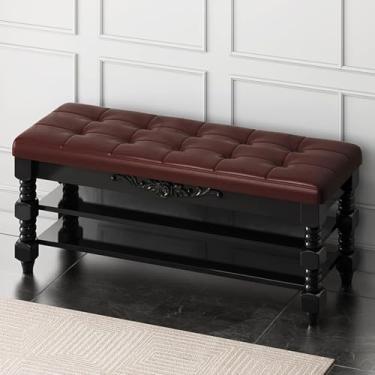 Imagem de Sapateira de grande capacidade para hall de entrada, quarto, banco de entrada de madeira maciça, ③-Banco de armazenamento tufado vintage com assento de couro - marrom 60 x 30 x 48 cm (24 x 12 x 19