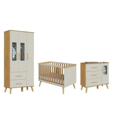 Imagem de Quarto Completo Bebe Moveis Peroba Sky Retro MDF, Off White/Nature