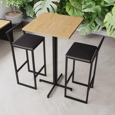 Imagem de Conjunto Mesa Alta Bar Bistrô Quadrada Pinus 2 Banquetas Confort Estofado Industrial Black