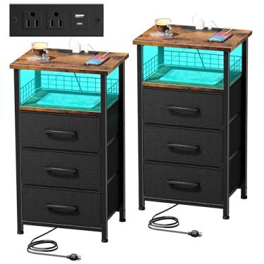 Imagem de Mesa de cabeceira alta com estação de carregamento, conjunto de 2 mesinhas de cabeceira com 20 cores de fita de luz LED 3 gavetas, mesas laterais mesa de canto de quarto com portas USB e tomadas para sala de estar, escritório (marrom rústico)