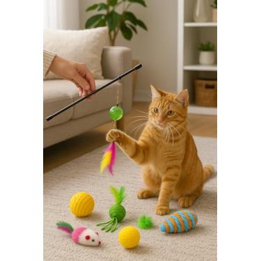 Imagem de Brinquedos para Gatos, Combo com 5 Peças Interativo Alivia Estresse e Ansiedade, 1 Varinha e mais 4 Brinquedos Diversos Bolinha, Ratinho.