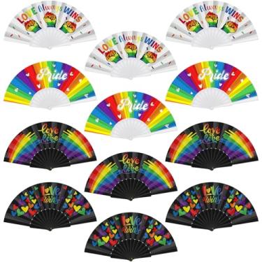 Imagem de Cinrobiye 12 peças Rainbow Gay Pride Folding Hand Rave Fan Accessories LGBTQ Love is Love colorido leque portátil para lésbicas pansexual orgulho bissexual mês desfile celebração lembrancinhas