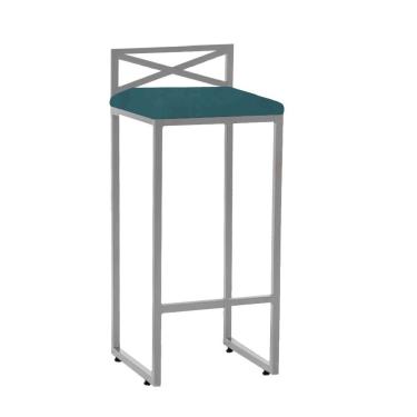 Imagem de Banqueta Alta Com Encosto Ema Balcão Bar Cozinha Bistrô Ferro Cinza Suede Azul Turquesa