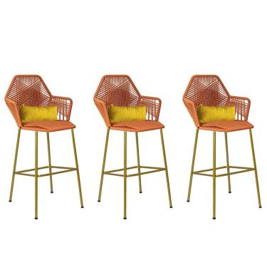 Imagem de Kit 03 Banqueta Alta Sttar Ferro Dourado Fibra Terracota Almofada Amarelo - Amey Decor