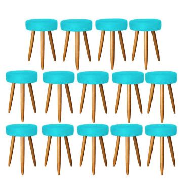 Imagem de Kit 14 Banqueta Alta Julia 50Cm Bar Cozinha Bistrô Pé Palito Carvalho Suede Azul Turquesa