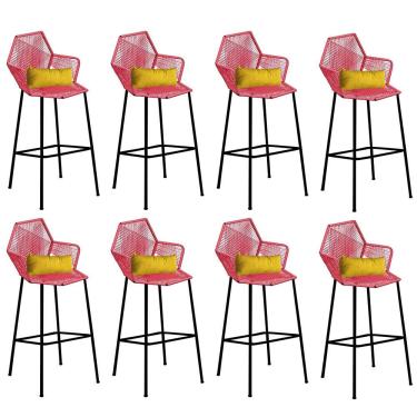 Imagem de Kit 08 Banqueta Alta Sttar Ferro Preto Fibra Coral Almofada Sintético Amarelo