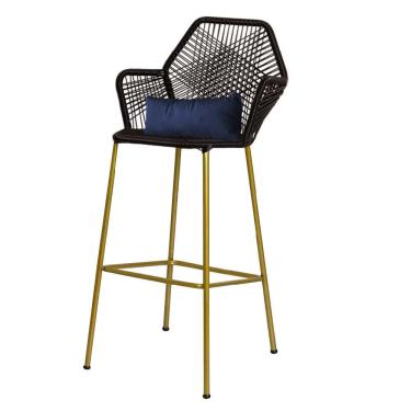 Imagem de Banqueta Alta Sttar Ferro Dourado Fibra Preto Almofada Sintético Azul Marinho