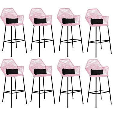 Imagem de Kit 08 Banqueta Alta Com Encosto Sttar Ferro Preto Fibra Rosa Bebê Almofada Corino Preto