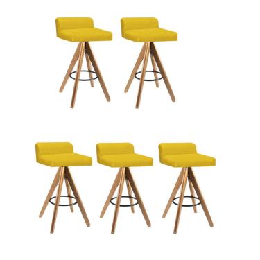Imagem de Kit 05 Banqueta Alta Com Encosto Giratória Aurea Madeira Balcão Bistrô Cozinha Corino Amarelo
