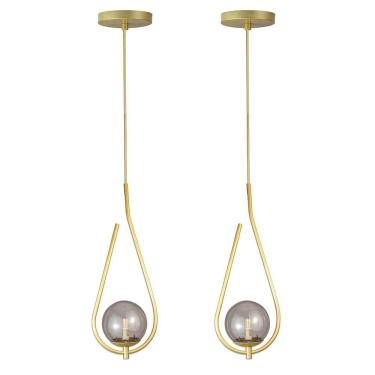 Imagem de Kit 2 Pendentes Lustres On Drop Dourado Globo De Vidro Fume