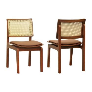 Imagem de Kit 2 Cadeiras Gus Madeira Maciça Encosto Telinha Assento Anatômico - Amêndoa Estofado Corano Caramelo