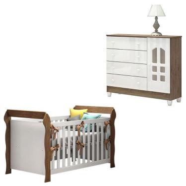 Imagem de Kit Berço Americano Lara e Cômoda Selena em MDF e MDP com Função Ajustável Branco Acetinado Amadeirado