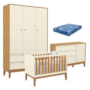 Imagem de Quarto De Bebe Unique 3 Portas Com Cômoda Sapateira Off White Freijó Eco Wood E Colchão Ortobom - Matic