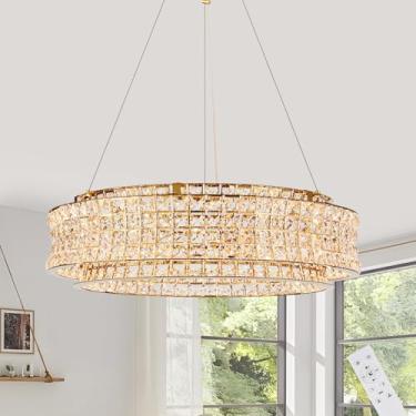Imagem de PAFEE Lustre Moderno Dourado De 19,7 Polegadas Com Cristal Led Regulável E Controle Remoto, 3000-6000K, Luz Pendente Redonda Para Cozinha, Ilha, Sala Estar, Quarto