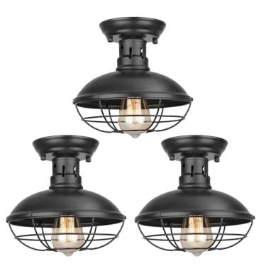 Imagem de FRIDEKO HOME Pacote Com 3 Luminárias De Teto Embutidas, Industriais Fazenda, Gaiola Metal Rústica Cobre, Base E26 Para Corredor, Hall Entrada, Cozinha, Varanda, Pretas