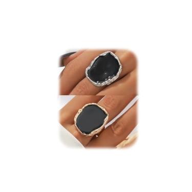 Imagem de Conjunto de anéis de gotejamento de ouro/prata grosso preto esmaltado para mulheres irregular vintage banda larga anel grande declaração brincos brincos conjunto de brincos conjunto de brincos