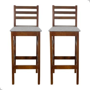 Imagem de Kit 2 Banquetas Bistrô 70cm em Madeira Maciça com Assento Estofado em Linho, Confortável e Sofisticada, para Cozinha, Área Gourmet e Balcão (Linho Prata)
