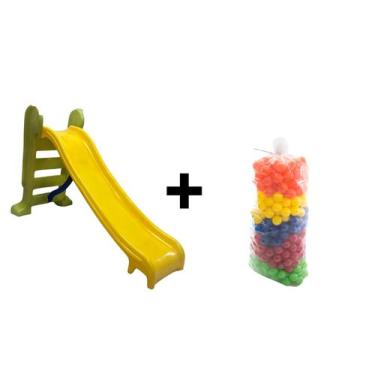 Imagem de Kit Escorregador médio Amarelo C/ Verde com 3 degraus e 25 bolinhas co