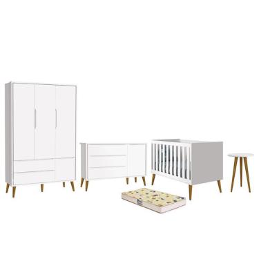Imagem de Dormitório Infantil Theo Retrô 3 Portas, Cômoda 1 Porta, Berço, Mesa de Apoio com Pés Amadeirado e Colchão D18 - Reller Móveis Branco Fosco