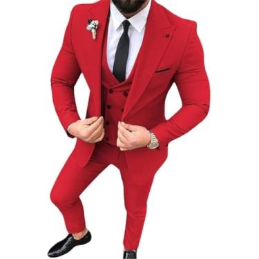 Imagem de Homens Blazer Calças Colete 3 Peças Ternos Slim Fit Casual Padrinhos Lapela Smoking De Negócios Para Formal, Red, 3XL