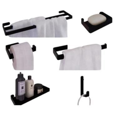 Imagem de Kit Assessórios Para Banheiro Preto Porta Toalha Duplo 6 Pçs(Com Vazão de Água)