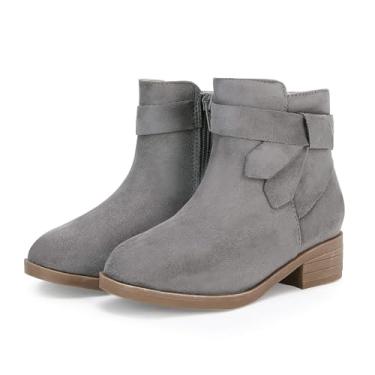 Imagem de Botas infantis para meninas com nó no tornozelo salto baixo grosso Chelsea, sapatos de inverno com zíper, Cinza, 4 Big Kid