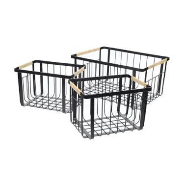 Imagem de happimess BSK3003A-3 conjuntos de cestas de armazenamento de metal vintage Henley Farmhouse com alças de juta para prateleiras, armários, despensa, bancada, cesta de malha aberta, preta (conjunto de 3