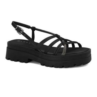 Imagem de Sandália Plataforma Ramarim Amarração Feminina Tiras Strass, Preto, 36