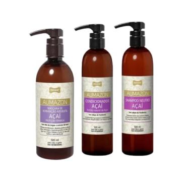 Imagem de Kit Shampoo Condicionador Máscara Aumazon Açaí 500ml Perigot Para Cães e Gatos Banho e Tosa