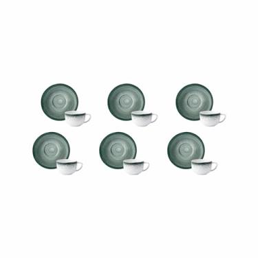 Imagem de Estojo com 6 Xícaras de Café com Pires em Porcelana, Modelo Redondo Oca, Decoração Esfera Verde, Porcelana Schmidt