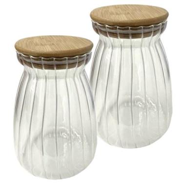 Imagem de Kit 2 Pote Hermético Com Tampa Bambu Recipiente Vidro 1Litro - Gici Ho