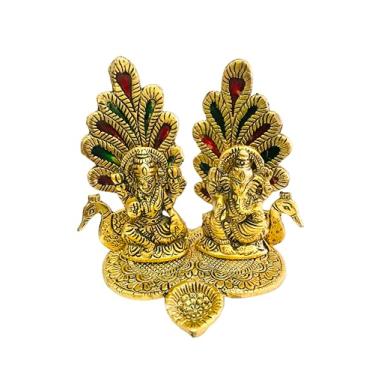 Imagem de Kunal Art & Crafts Estátua da Deusa Lakshmi Ganesha Ídolo com Jyot Laxmi Ganesh Idol Escultura de Metal Ganpati Ji Murti para Diwali Pooja Deepawali Casamento Puja Altura-14 cm