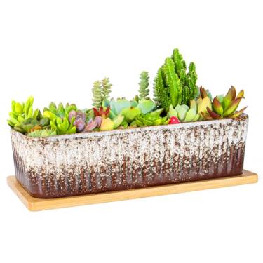 Imagem de ARTKETTY Vasos de suculentas – vasos de suculentas grandes de 30 cm com drenagem, vaso de bonsai retangular longo com bandeja de cerâmica rasa para peitoril da janela para decoração de jardim