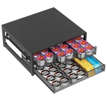 Imagem de Suporte de cápsulas de café para balcão, 3 gavetas de suporte de xícara K, organizador de armazenamento de cápsulas de café de madeira com gavetas deslizantes para estação de café, casa, cozinha