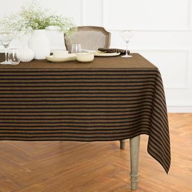 Imagem de Solino Home Toalha de mesa de linho 152 x 272 cm - Amalfi Stripe 100% linho puro açúcar mascavo e toalha de mesa preta para mesas retangulares - Toalha de mesa de tecido lavável na máquina para o