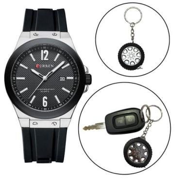 Imagem de Kit Relógio Masculino Original Curren Aço + Chaveiro Trena