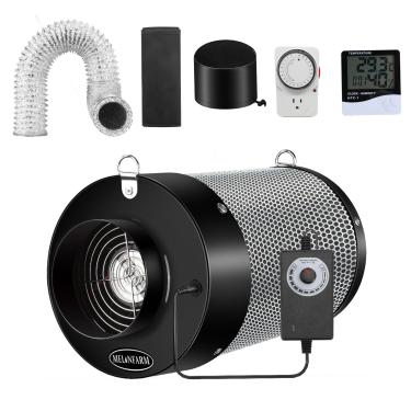 Imagem de MELONFARM Kit de filtragem de ar de 10 cm, filtro de carbono de baixo ruído com ventilador embutido de 14 cm com controlador de 12 velocidades, dutos de 20 cm e tampa de ventilação de 15 cm, sistema