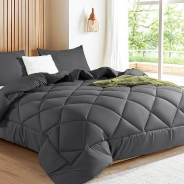 Imagem de Shilucheng Conjunto de edredom Queen luxuoso de 3 peças - Conjunto de edredom de microfibra com lençóis de bolso profundo, sem rugas, roupa de cama respirável para todas as estações (Queen, cinza